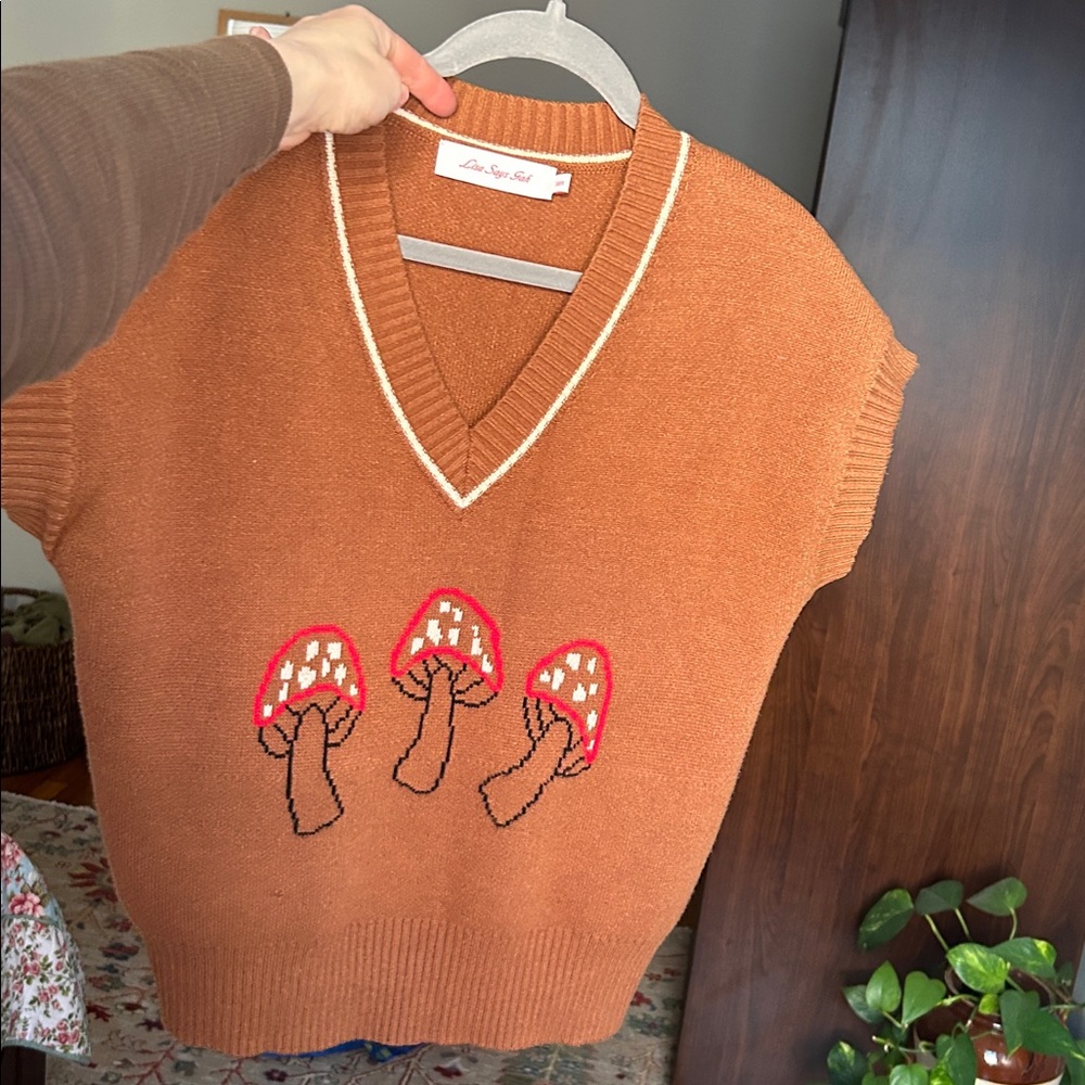 Lisa Says Gah Brown V-Neck Sweater with Mushroom Design 🍄 - Picture 6 of 6